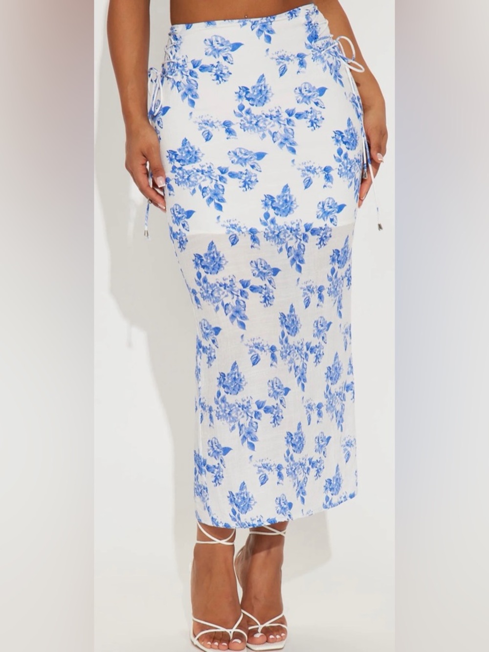 BRAND NEW- Fashion Nova White Midi Skirt with Blue Floral Print